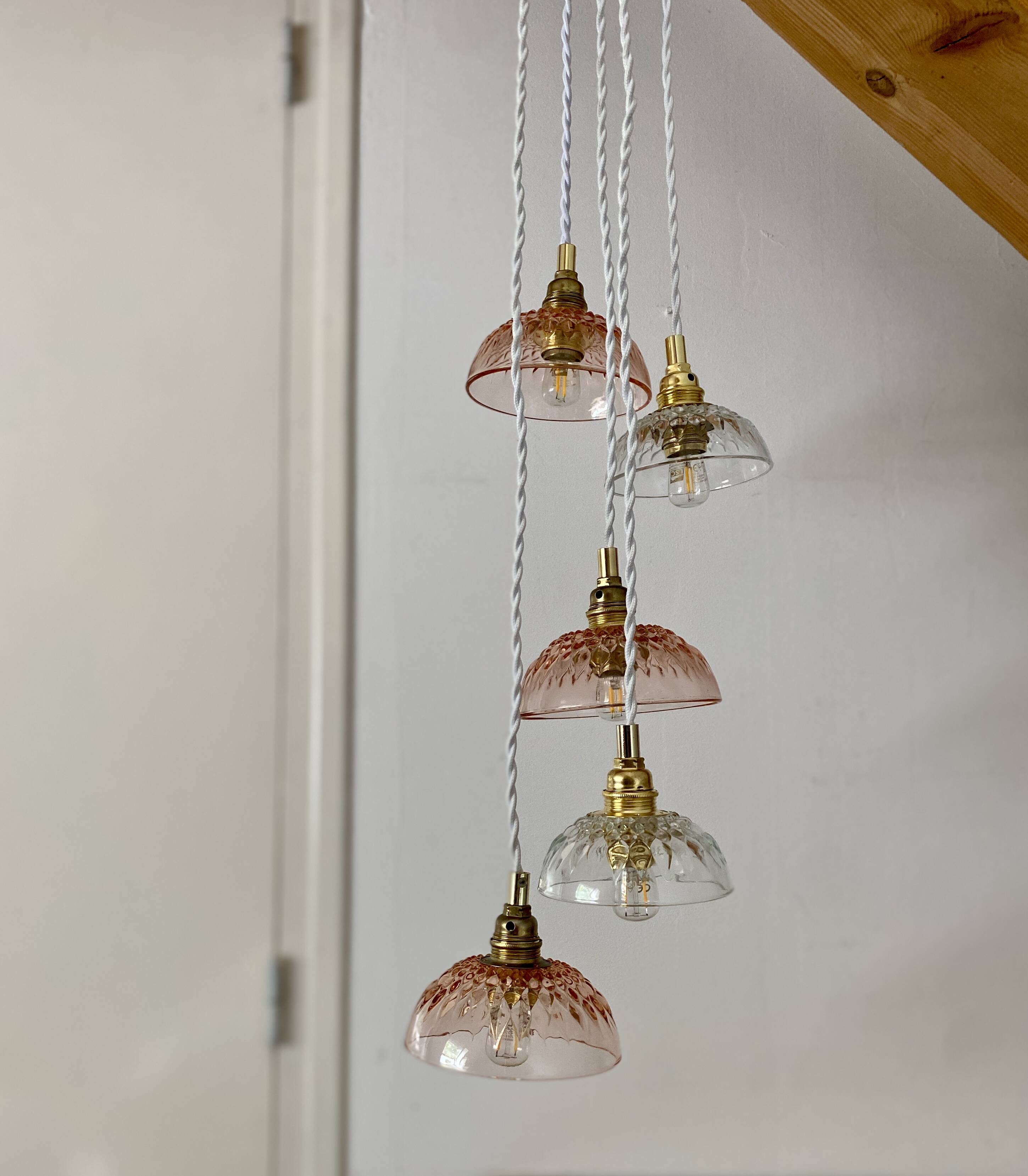 5-light waterfall pendant light with vintage pink and transparent glass shades