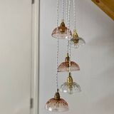 5-light waterfall pendant light with vintage pink and transparent glass shades