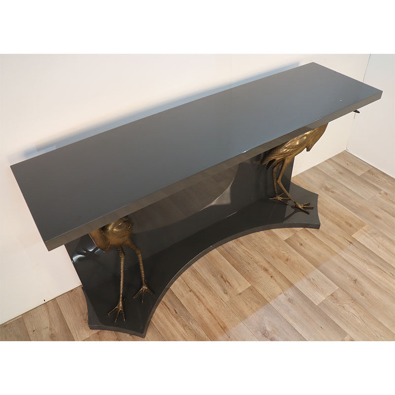 Vintage lacquered wooden console decorated with brass herons 1970