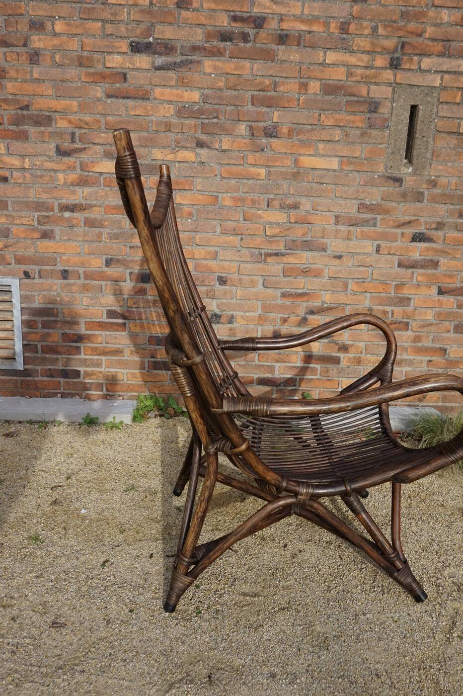 Chaise longue vintage en bambou et rotin avec coussins en cuir, années 1960