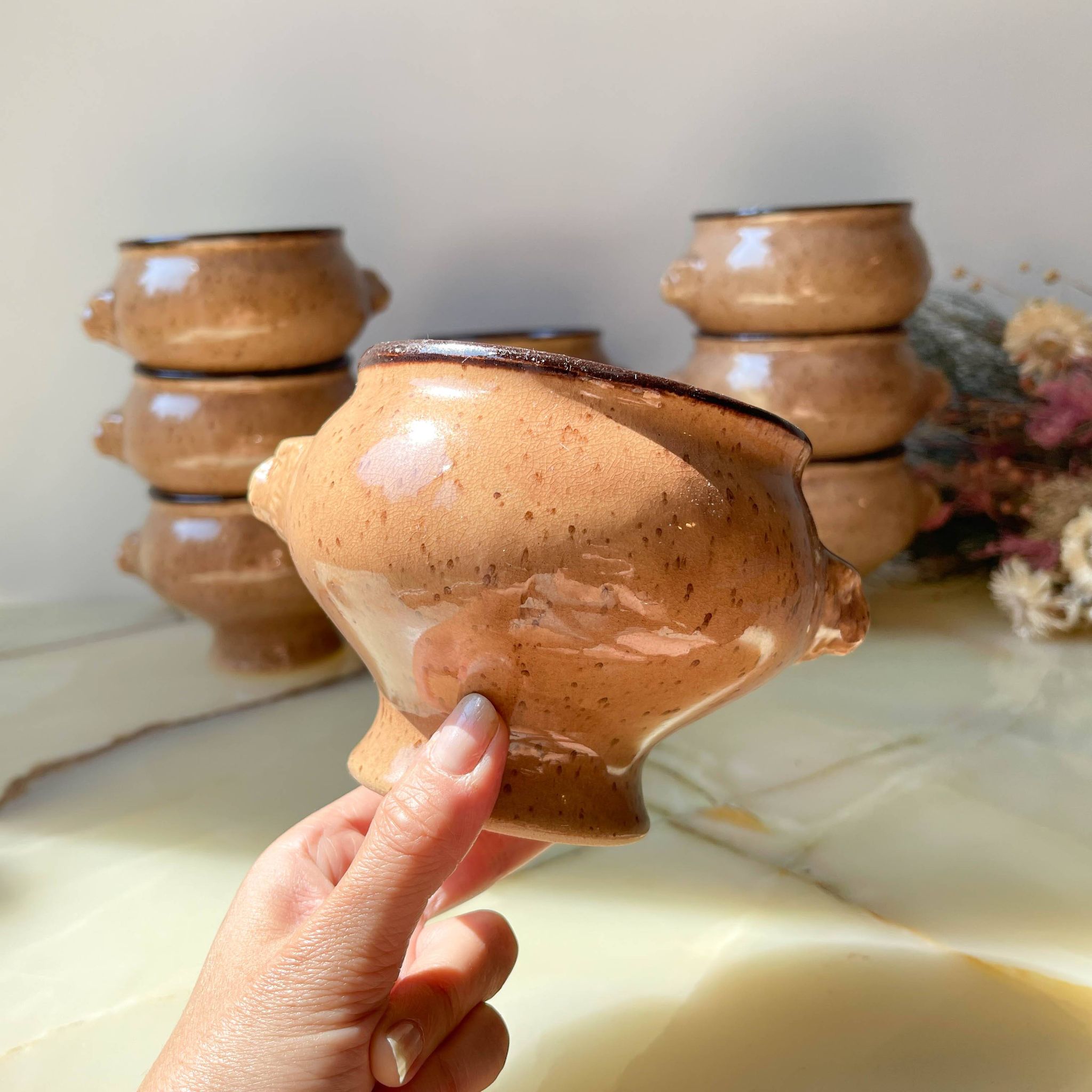 9 Vintage Emile Henry Speckled Beige Ceramic Lion Head Bowls Made in France