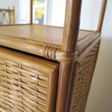 Storage column, bookcase in wood and woven rattan