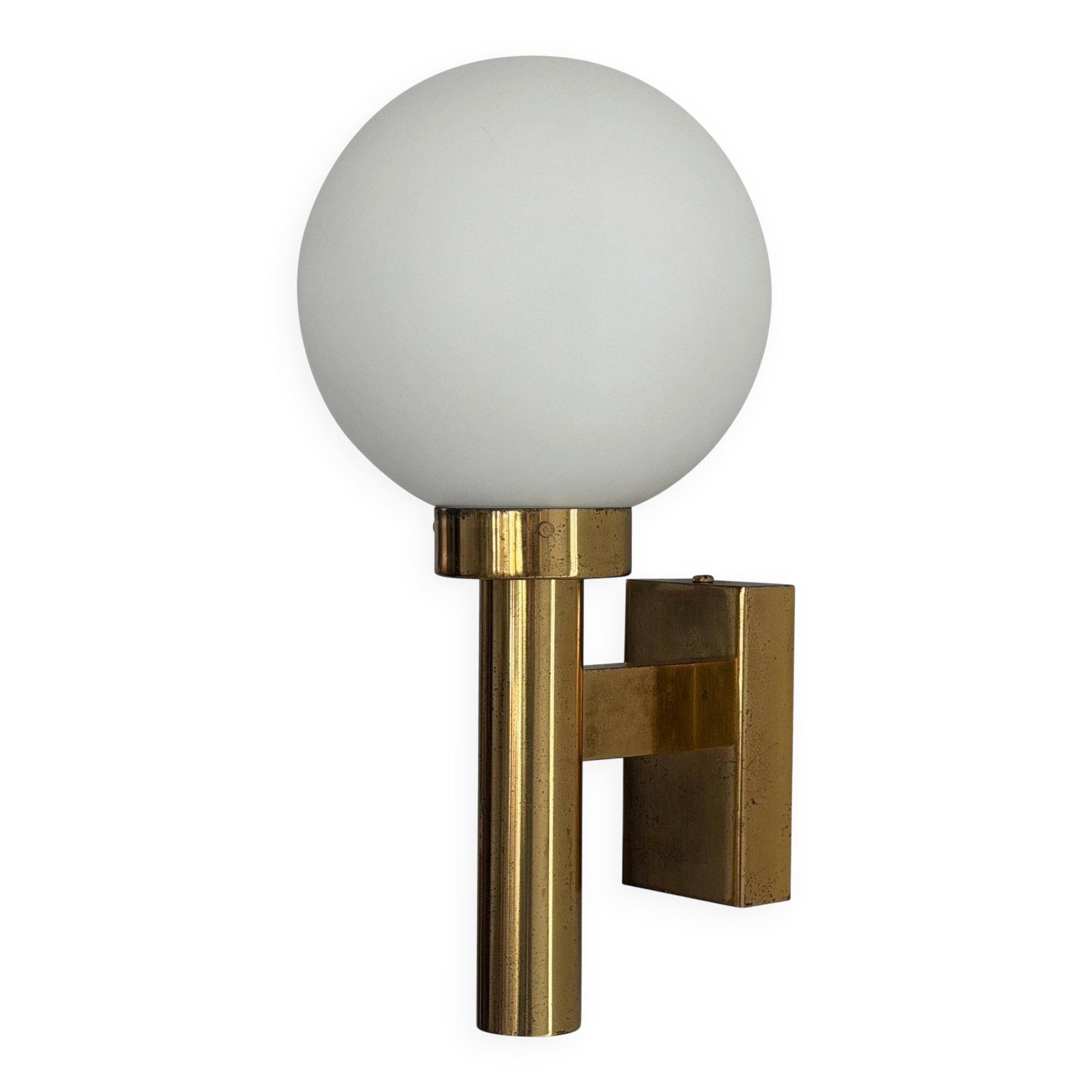 Large minimalist cinema wall light in opal glass and heavy brass, 1960s, Germany
