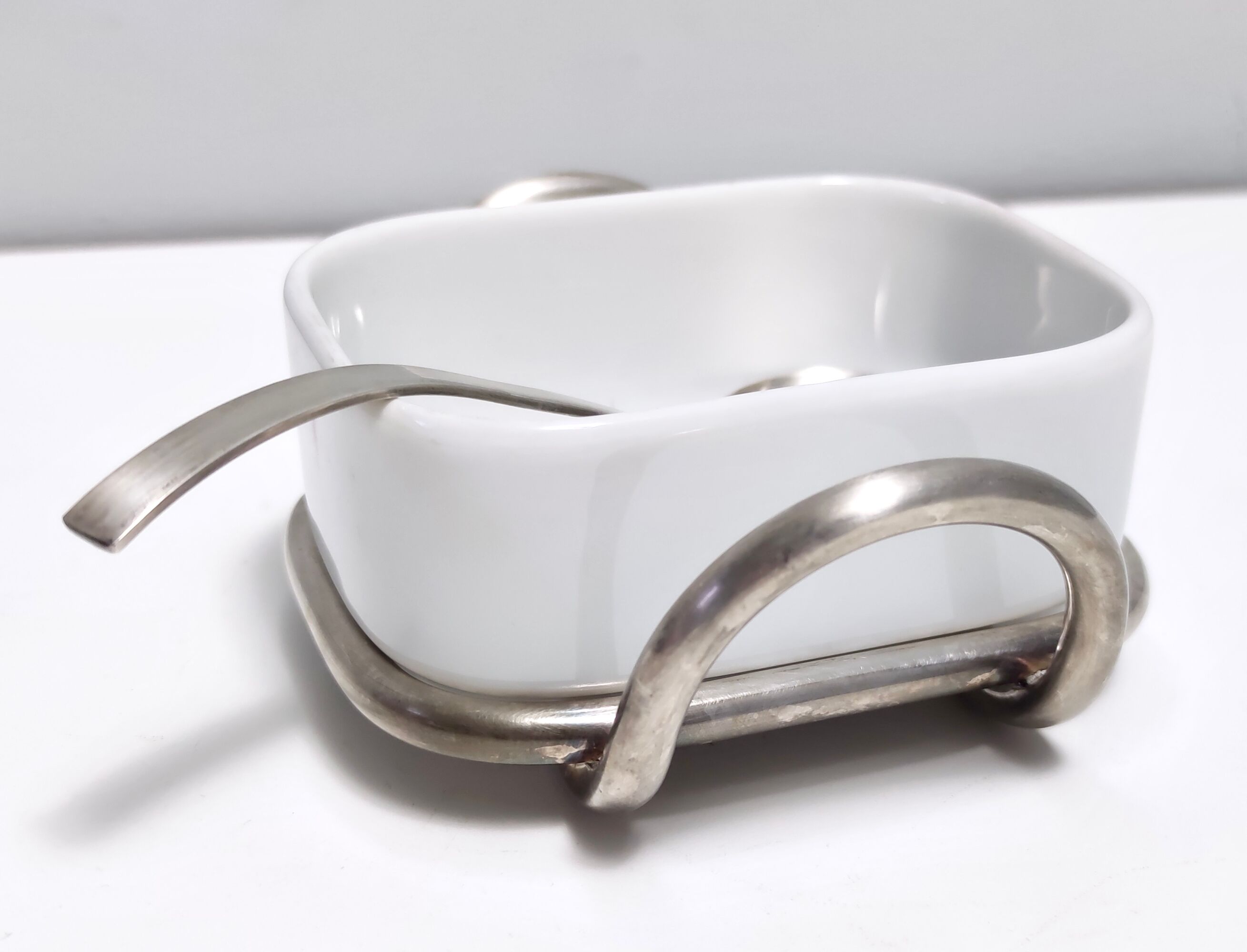 Postmodern Lino Sabattini Silver-Plated and Ceramic Cheese Bowl with Spoon