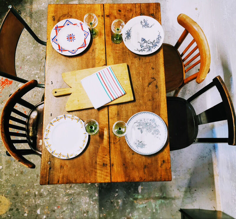 Old farm table with extension cords