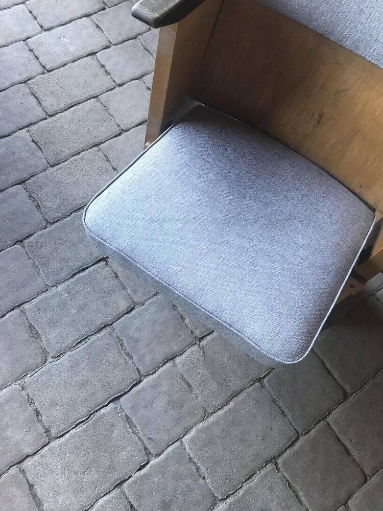 Mid-century grey cinema armchair in beech and fabric — Hungarian seat from the 1950s