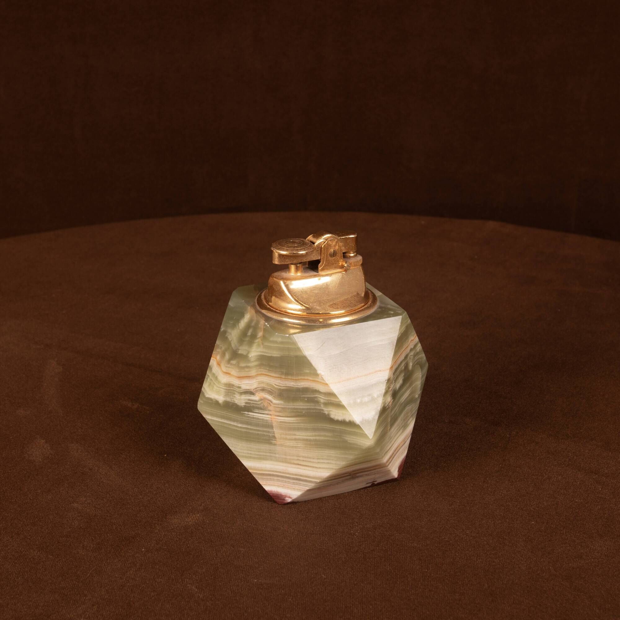 Italian Geometric Green Onyx and Brass Table Lighter, 1970