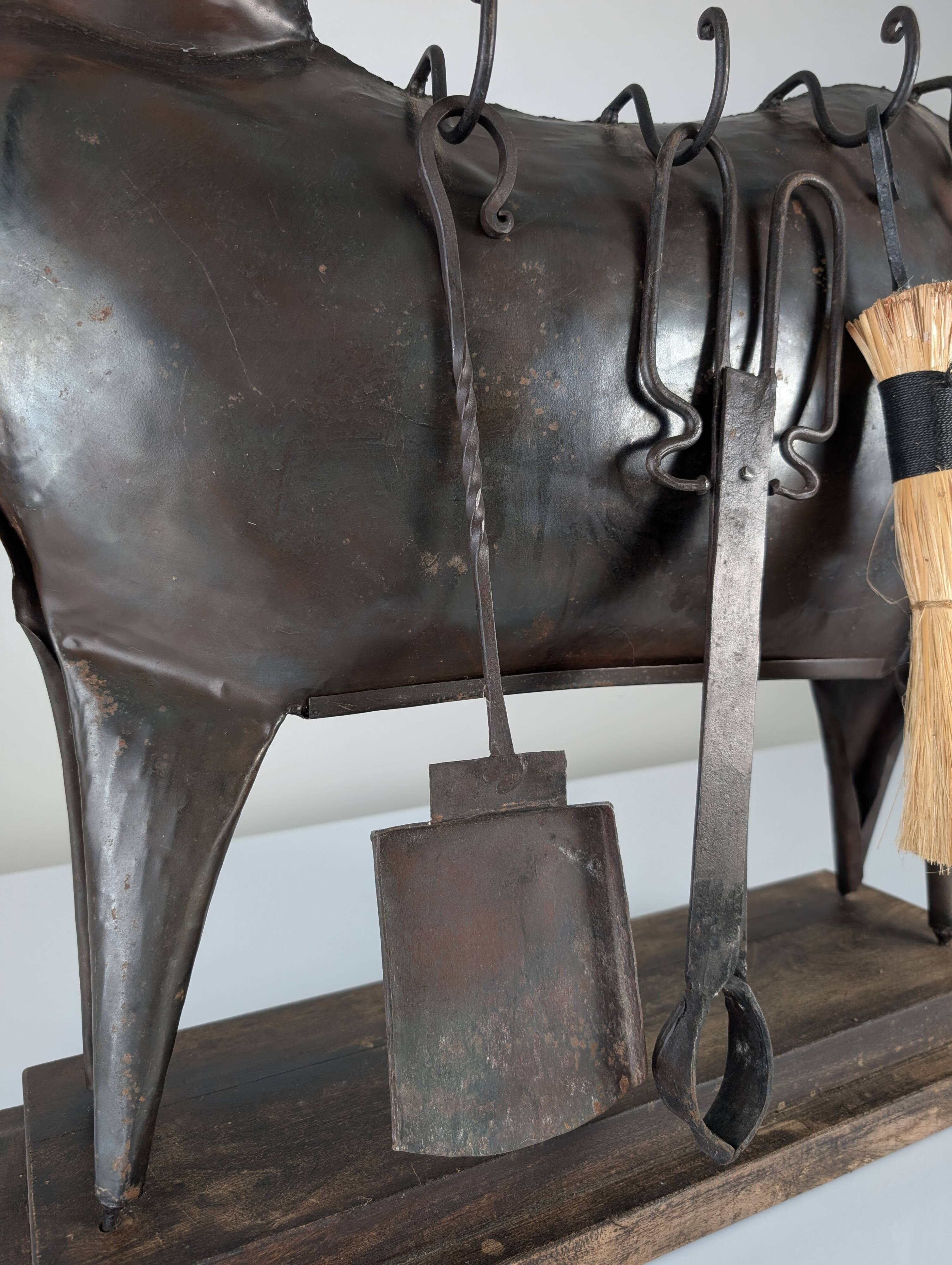 Brutalist Ram Shaped Fireplace Tool Set in Hand Forged Metal