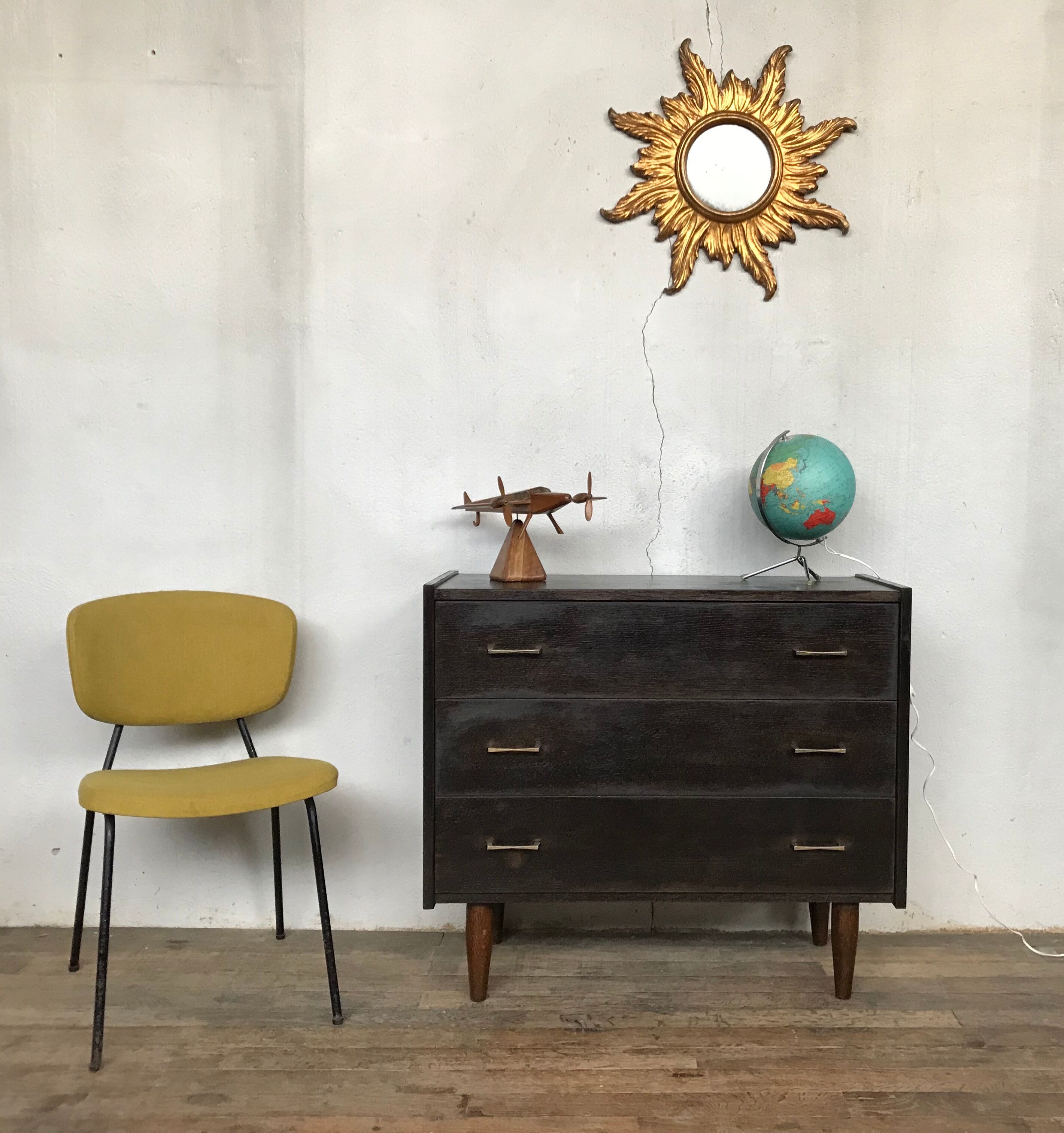 Vintage oak chest of drawers, black stained wenge 1950