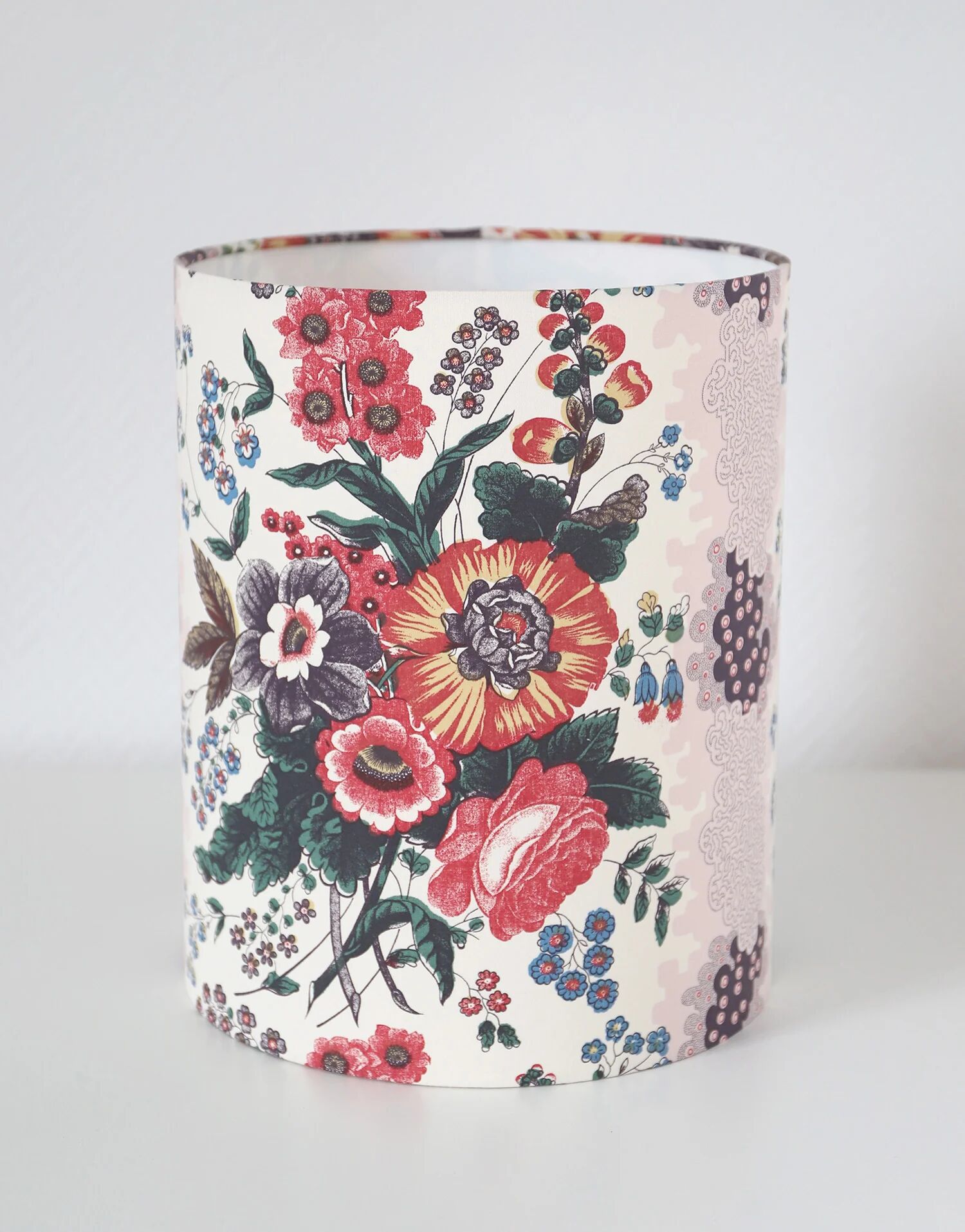 Recycled vintage lamp — handmade plum ceramic and antique floral lampshade
