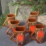 6 enamelled ceramic mugs, red and brown, Vallauris, vintage and designer