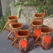 6 enamelled ceramic mugs, red and brown, Vallauris, vintage and designer