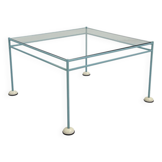 Table basse postmoderne bleue claire en verre et métal de gamma, 1980
