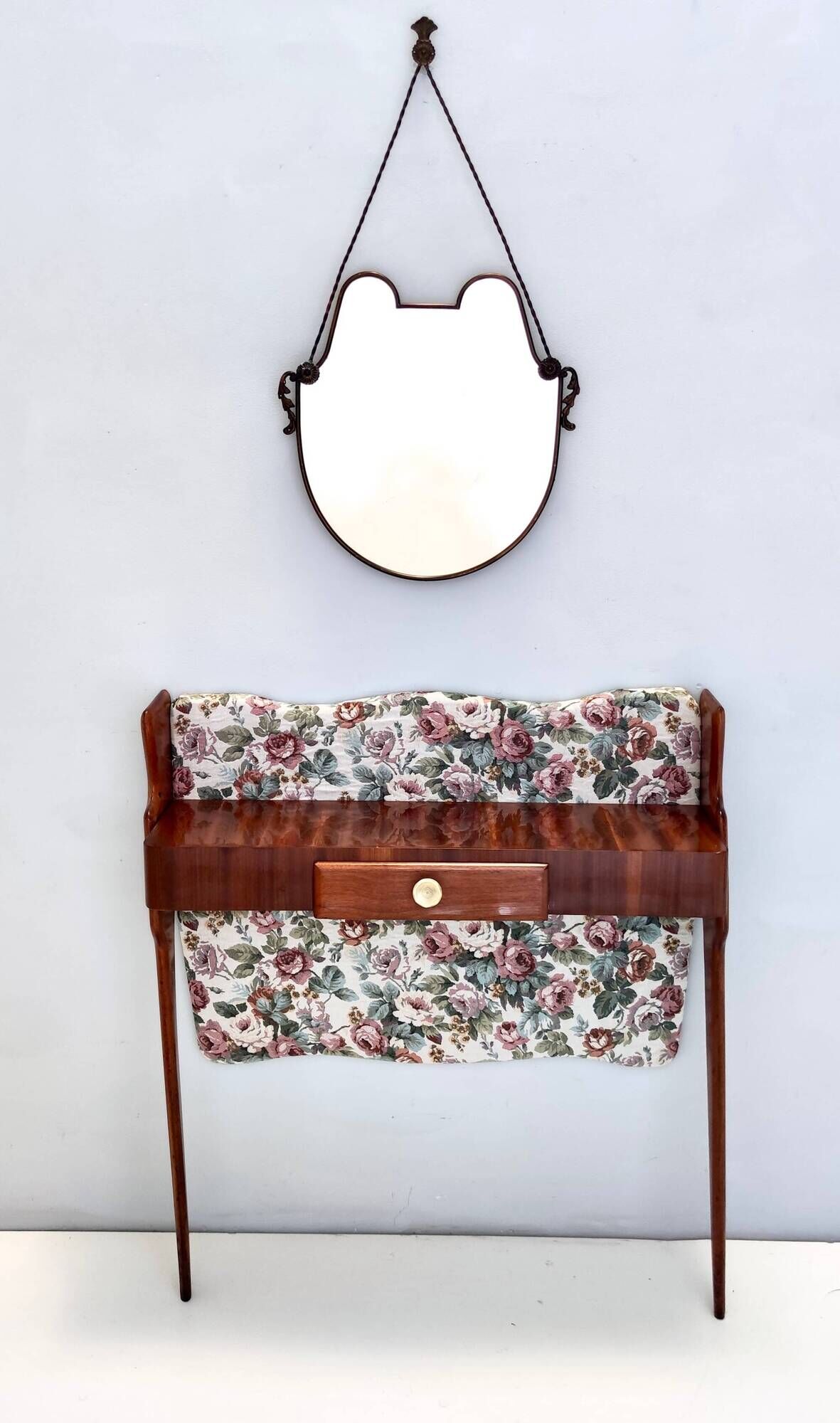 Ebonized Beech and Rose-Patterned Fabric Console with a Drawer, Italy