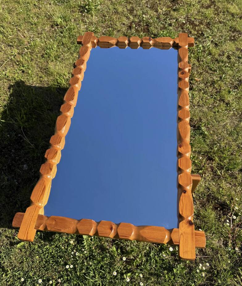 Mirror Glasmäster, Markaryd, Pine Wood Frame, swedish, 1970s, brutalist