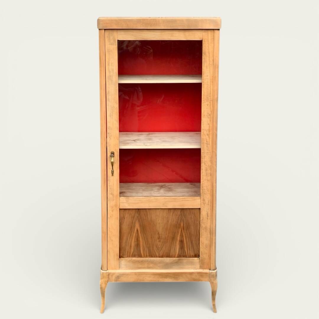 Vintage glass-fronted cabinet, raw wood, 1950s