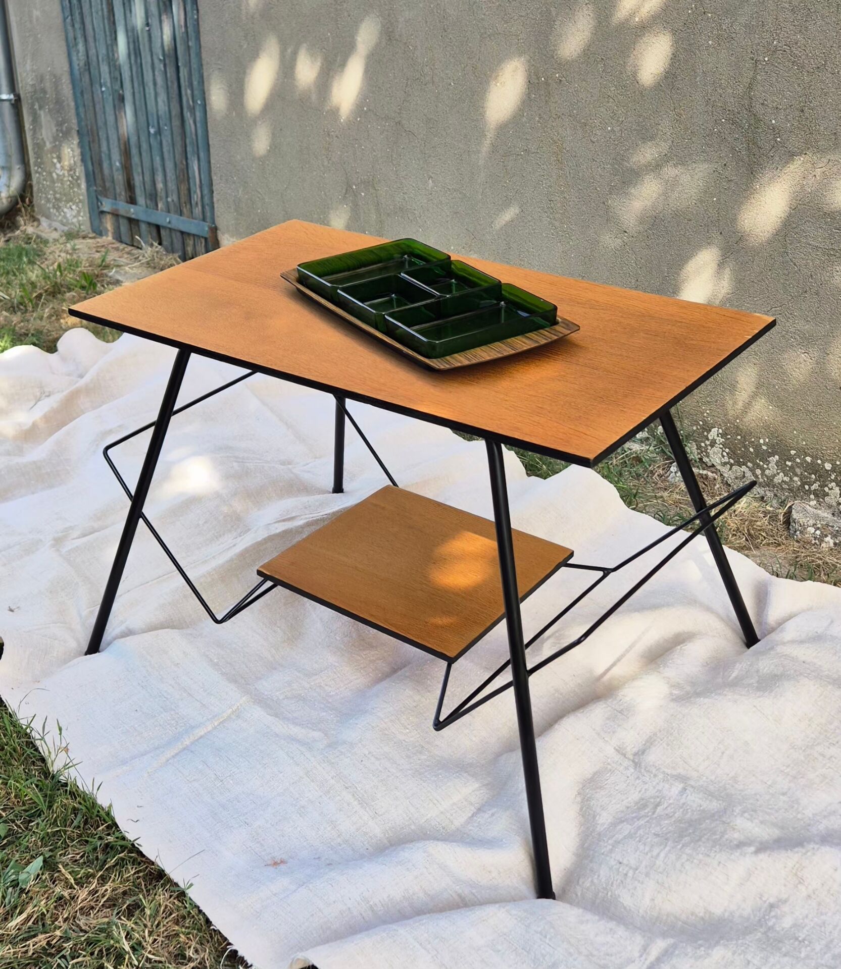 Small table, vintage Scandinavian TV unit in metal and wood, renovated.