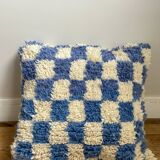 Blue and white checkered wool cushion