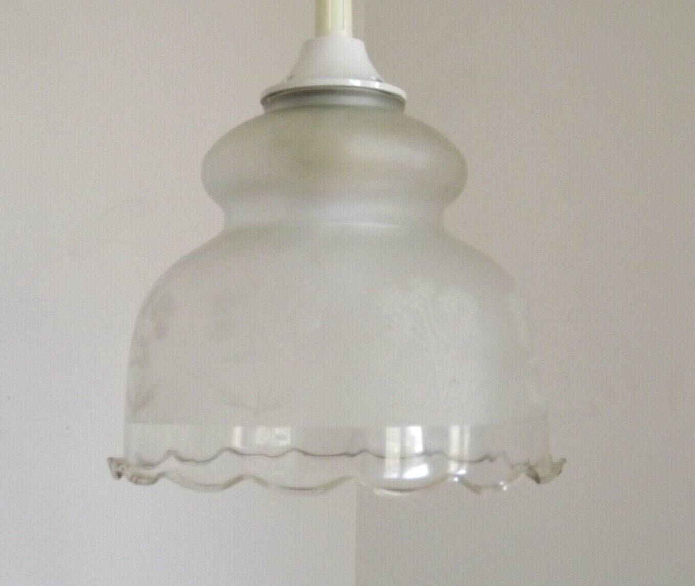 Vintage French pendant ceiling light in white glass decorated with flowers 4722