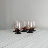 6 vintage translucent pink glasses with black stems