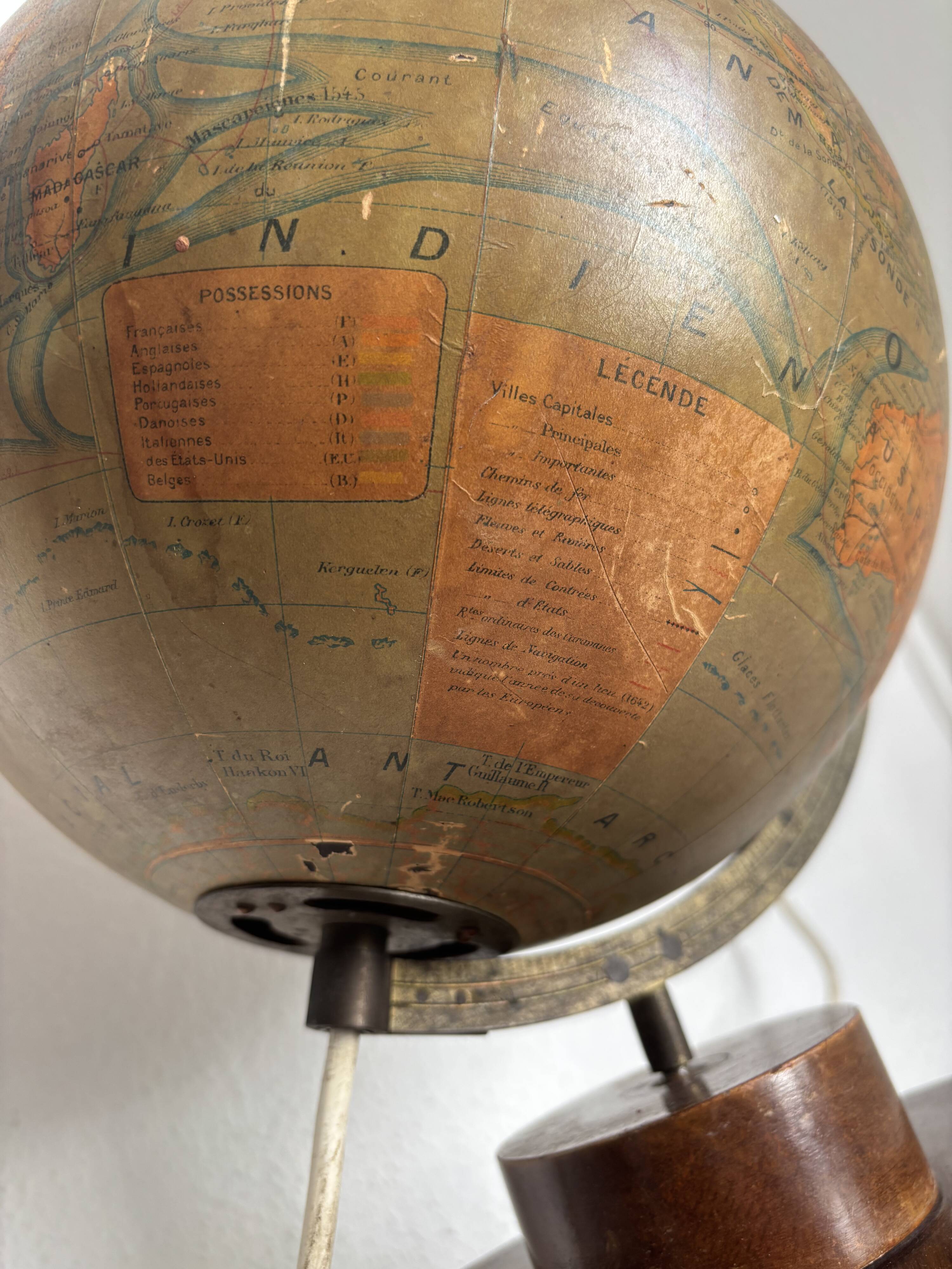 Vintage 1930 globe terrestrial Jacques Adnet world map J. Forest glass wood -