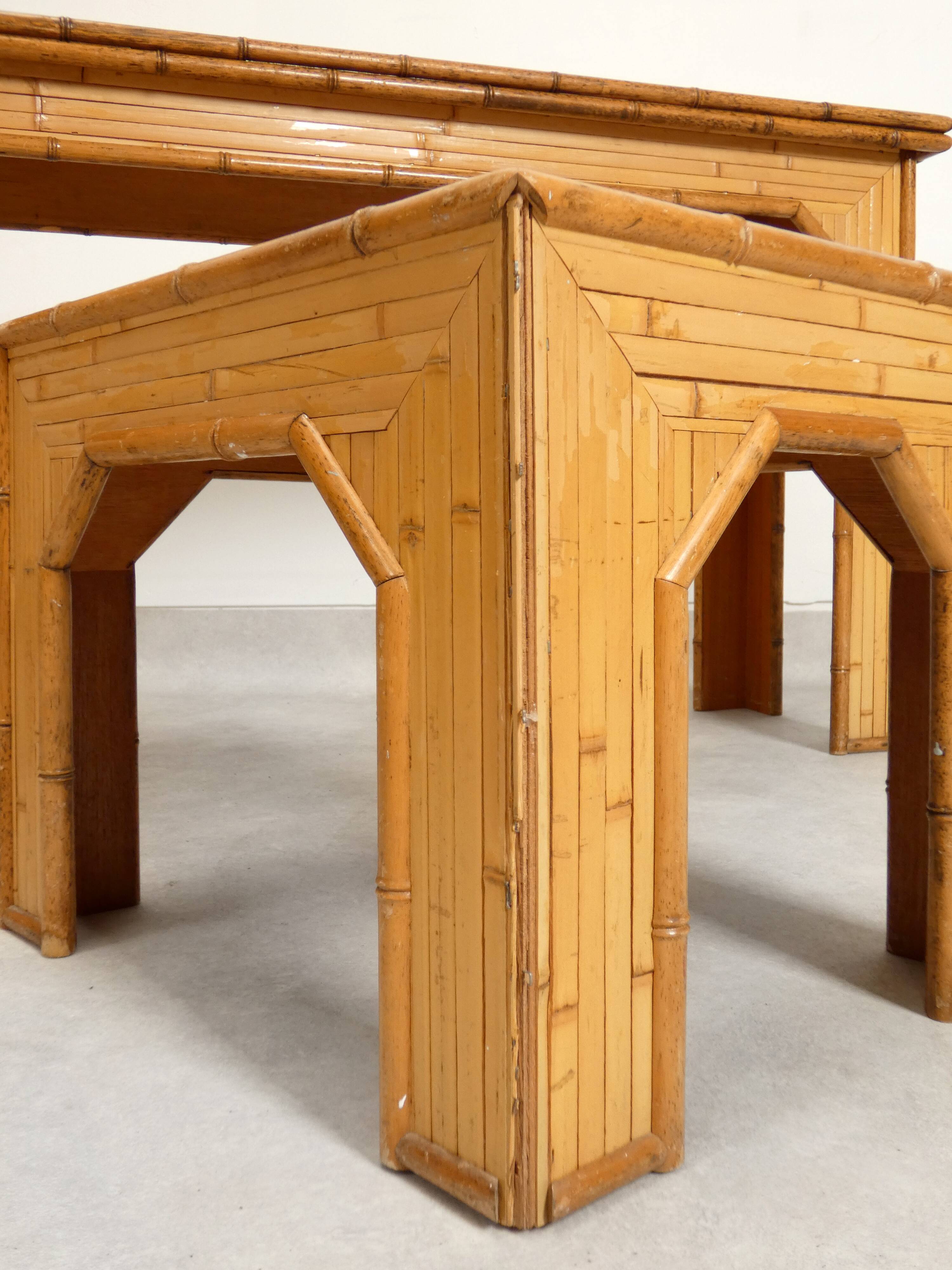 Console with sidetable and mirror in bamboo and rattan