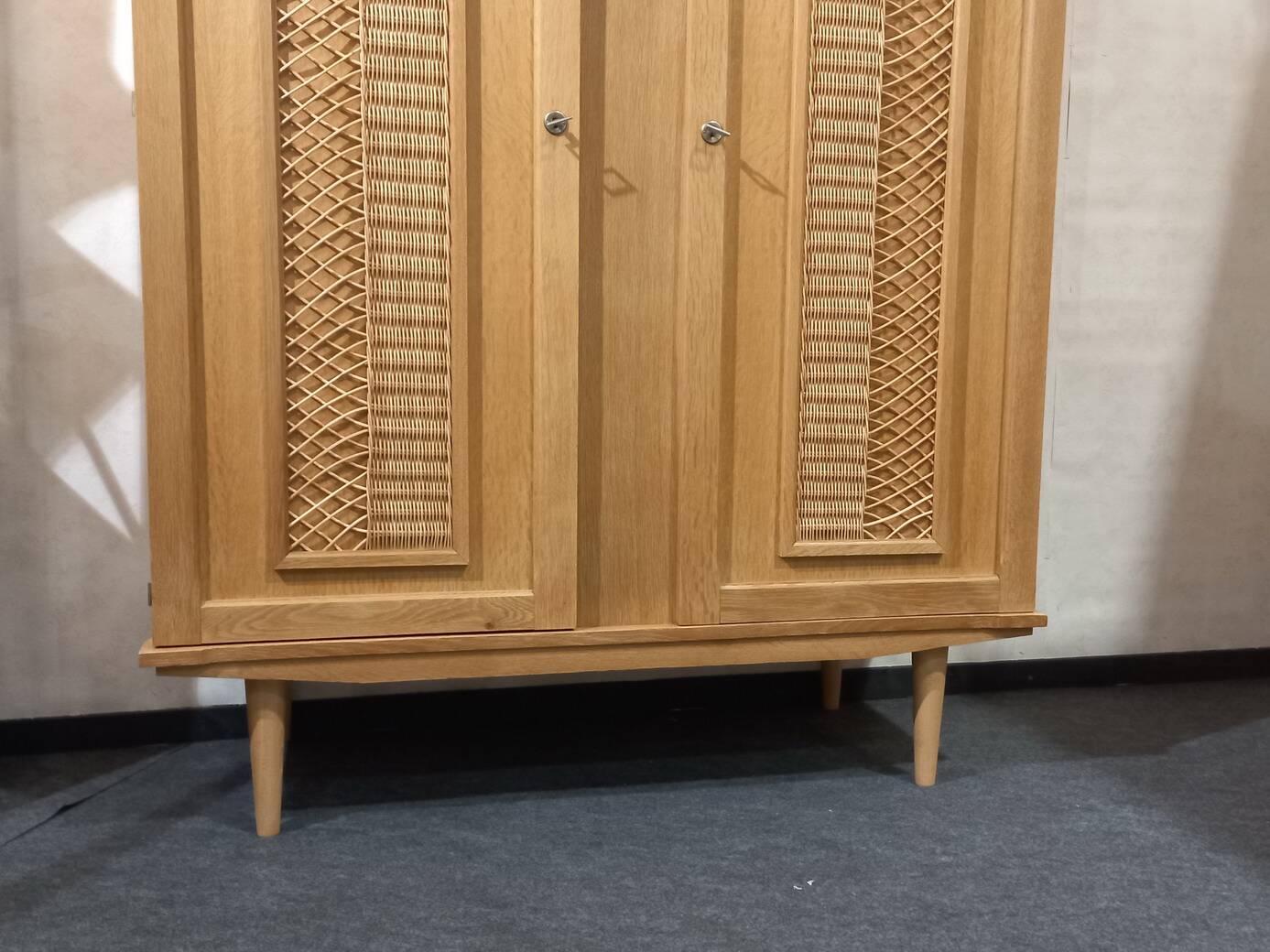 Vintage 70s rattan, wicker, and oak wardrobe