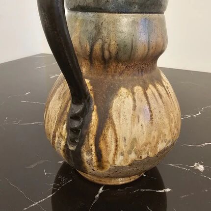 Decorative pitcher or vase in signed stoneware, beige and brown - rustic art style.