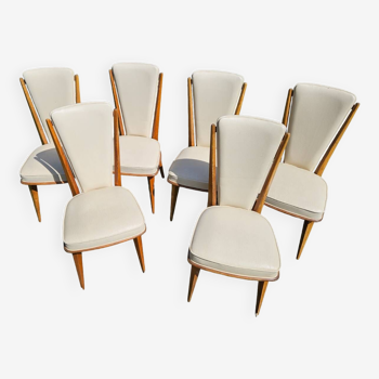 6 chaises vintage Monobloc en skai blanc et bois verni