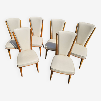 6 vintage Monobloc chairs in white skai and varnished wood