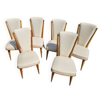6 vintage Monobloc chairs in white skai and varnished wood