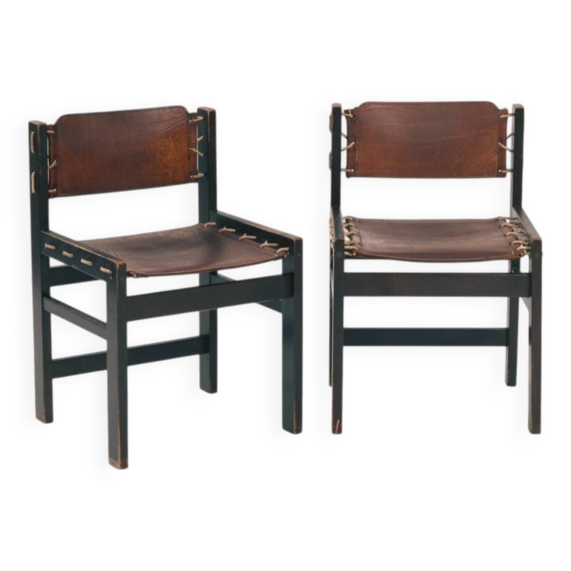 Vintage Brutalist Hide Leather and Wood with Rope Dining Chairs, Set of 2