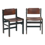 Vintage Brutalist Hide Leather and Wood with Rope Dining Chairs, Set of 2