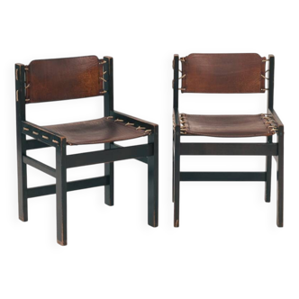 Chaises de salle à manger vintage brutalistes en cuir et bois avec corde, lot de 2