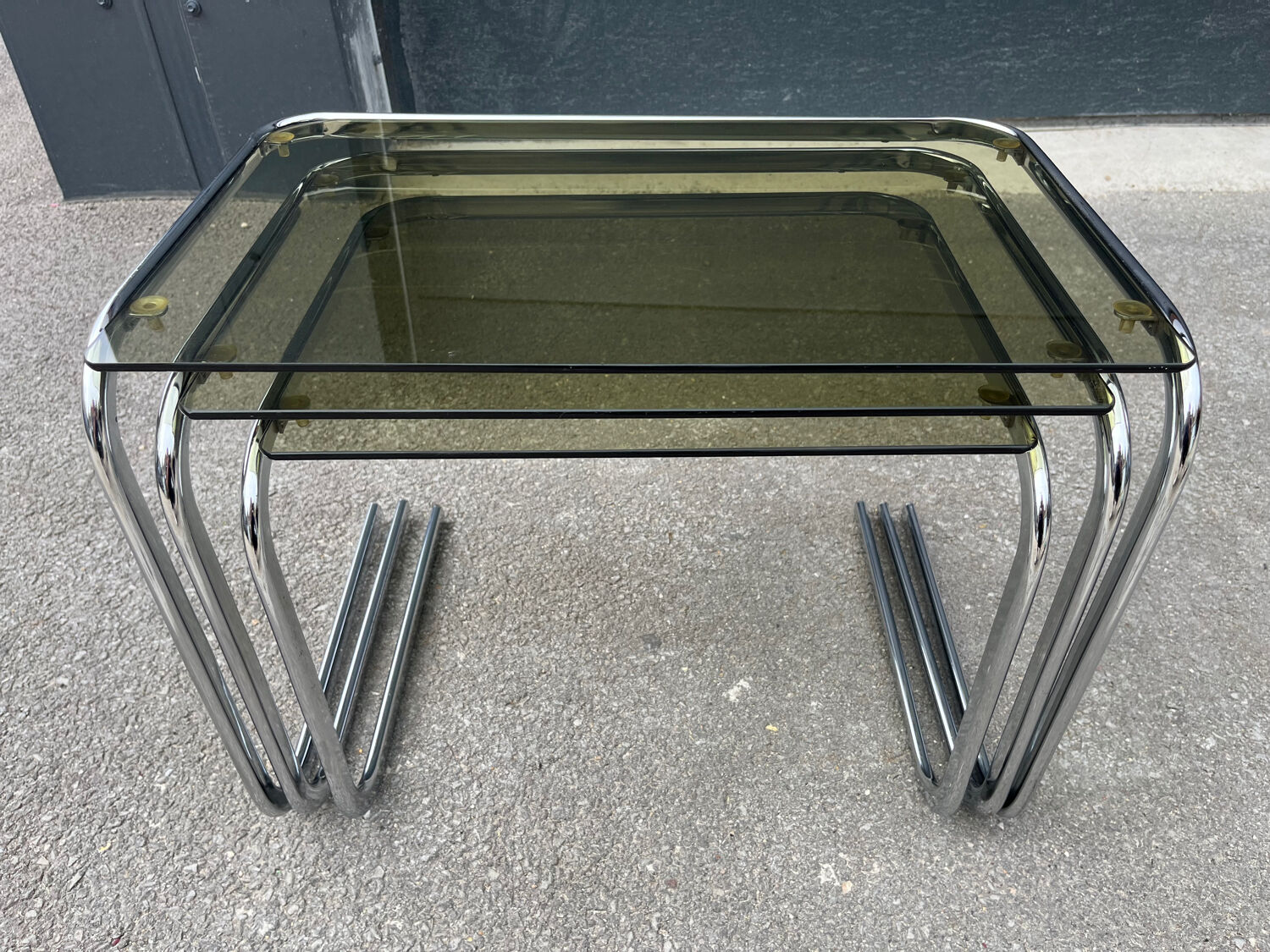 Series of 3 metal and glass nesting tables Space age