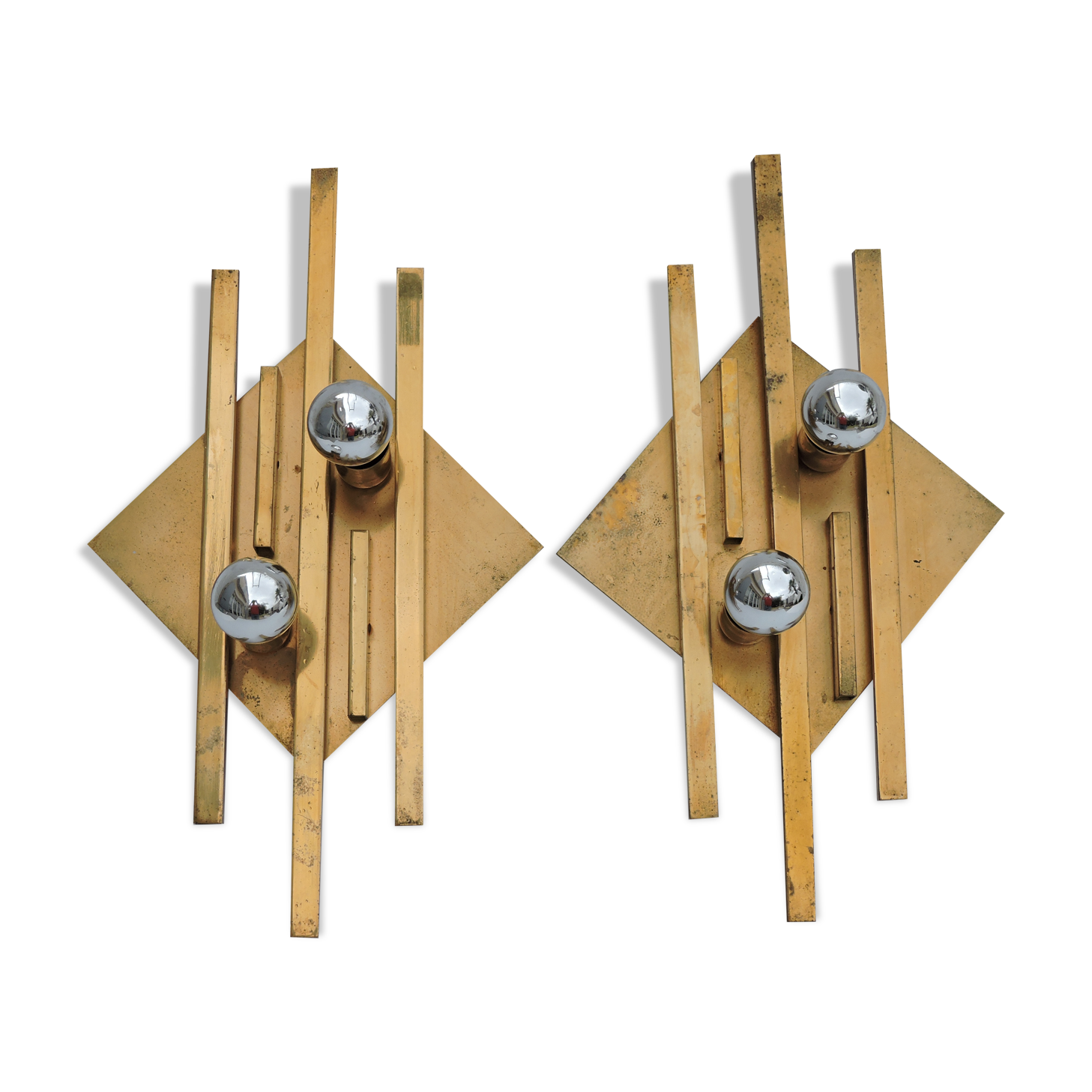 Pair of vintage geometric brass wall lamps