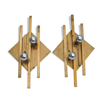 Pair of vintage geometric brass wall lamps