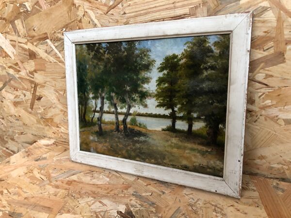 Ancien tableau huile sauveur bernay theric 1895 le rhône avec cadre bois vintage