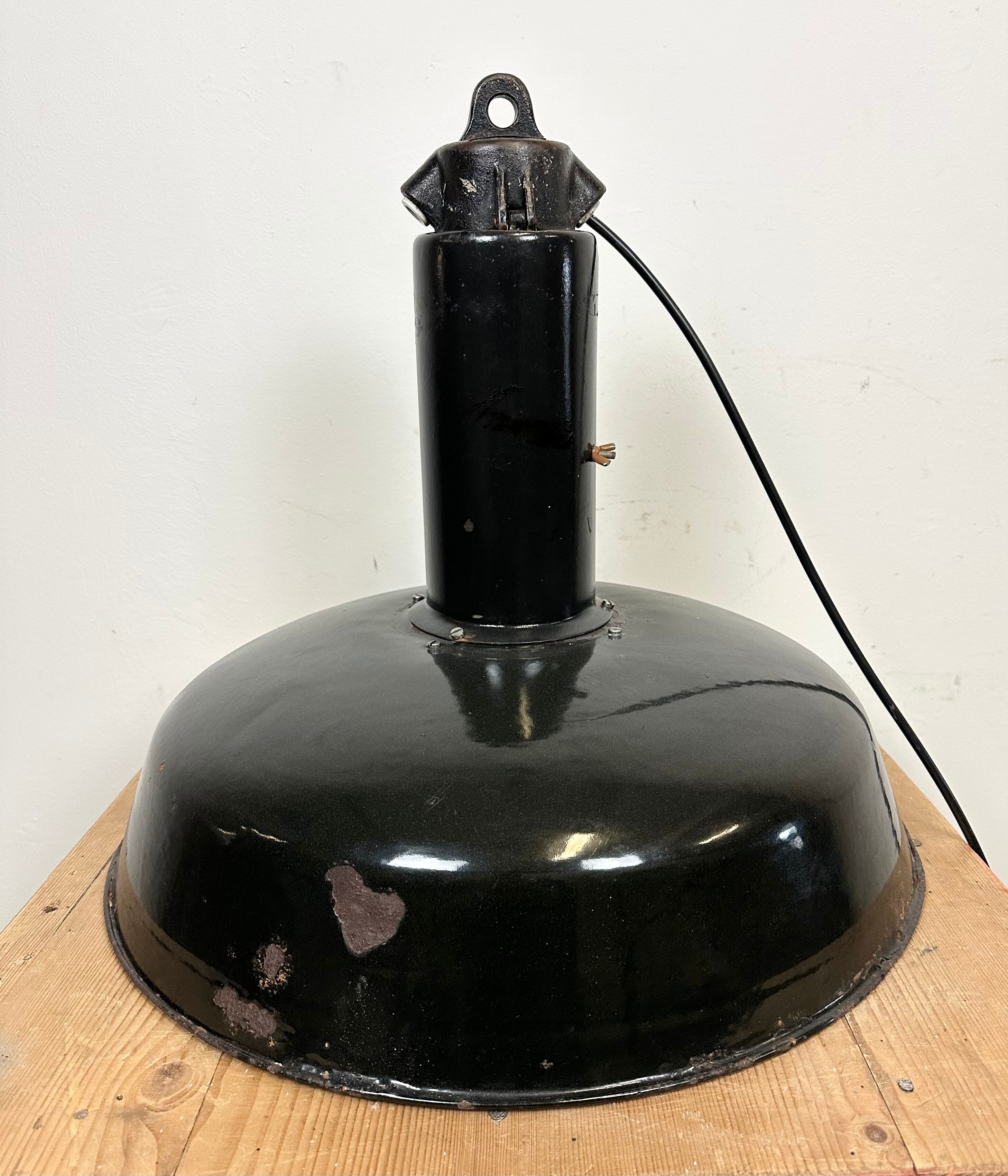 Industrial Black Enamel Factory Pendant Lamp with Iron Top, 1950s