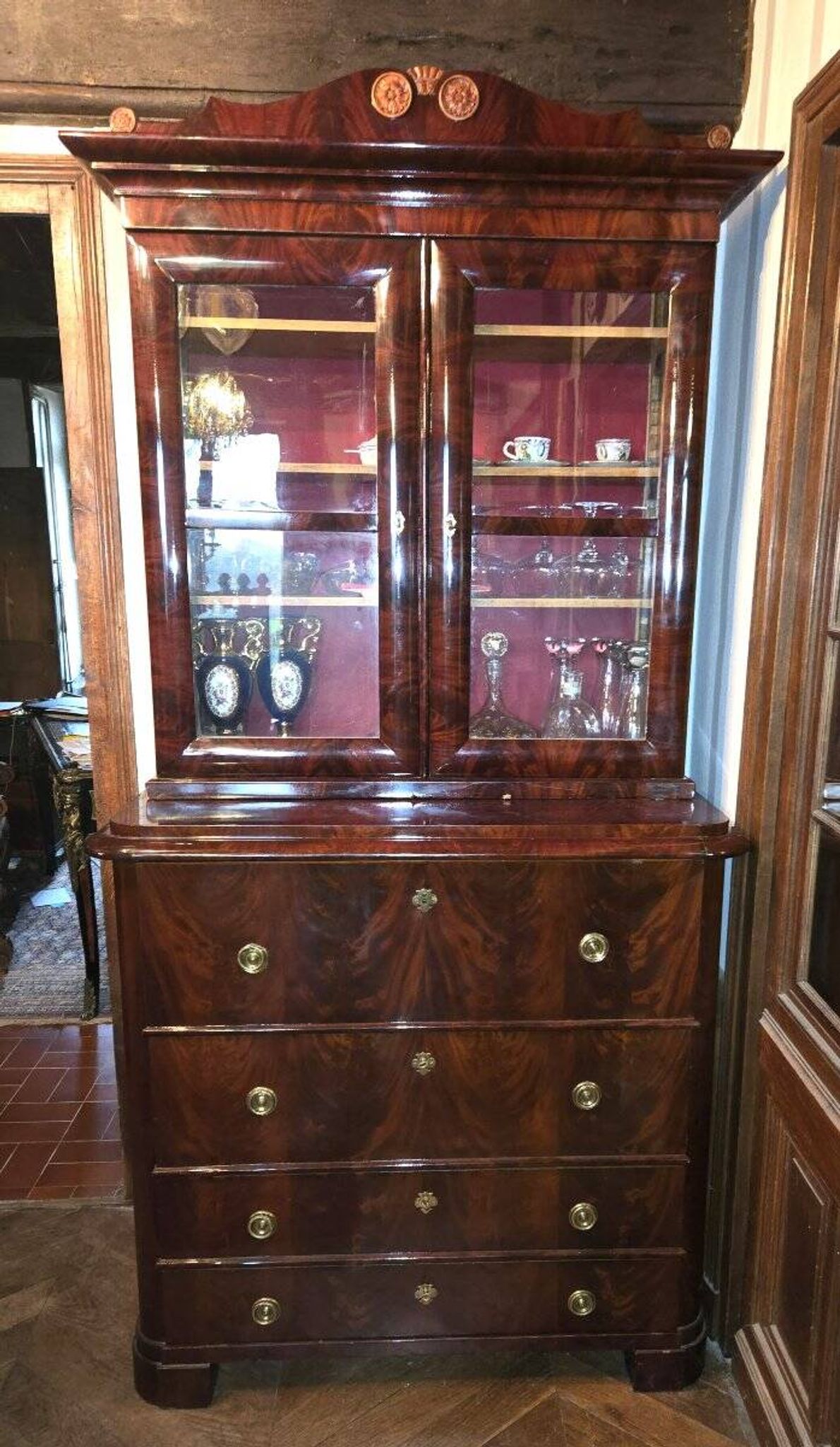 English mahogany library chest of drawers, in Empire or Restoration style.