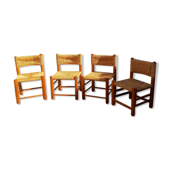 Lot de 4 chaises en pin paillé