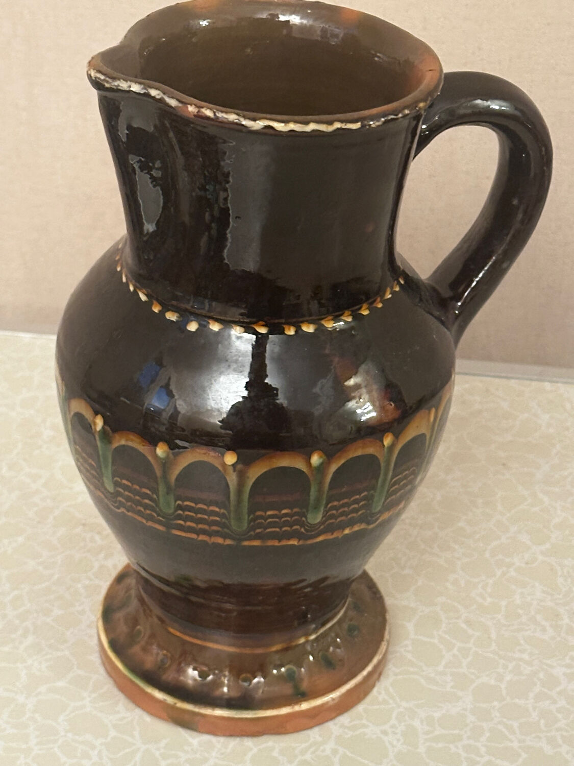 Vintage Romanian glazed pottery pitcher