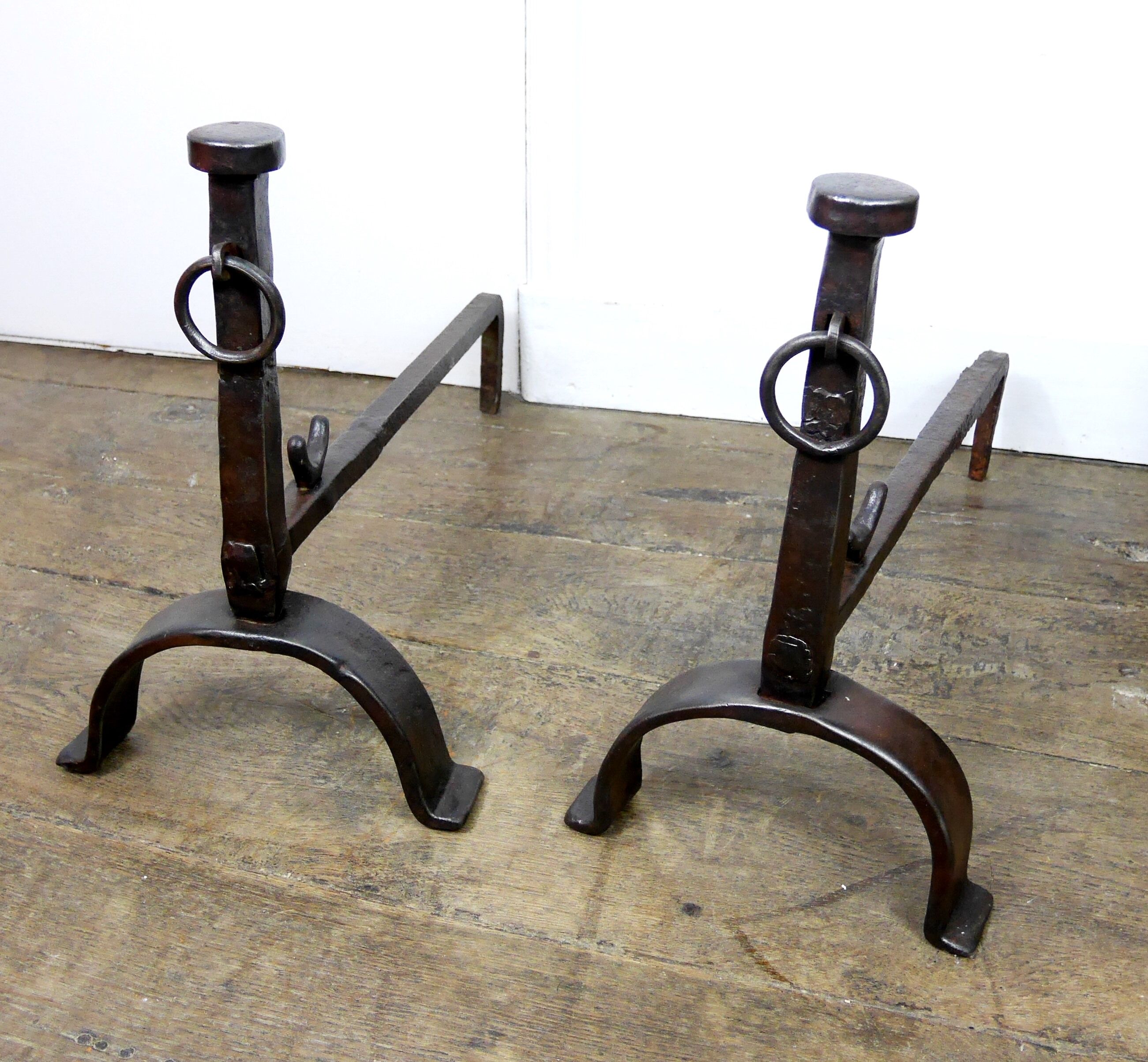 Old pair of chenet landier fireplace turns wrought iron spindle