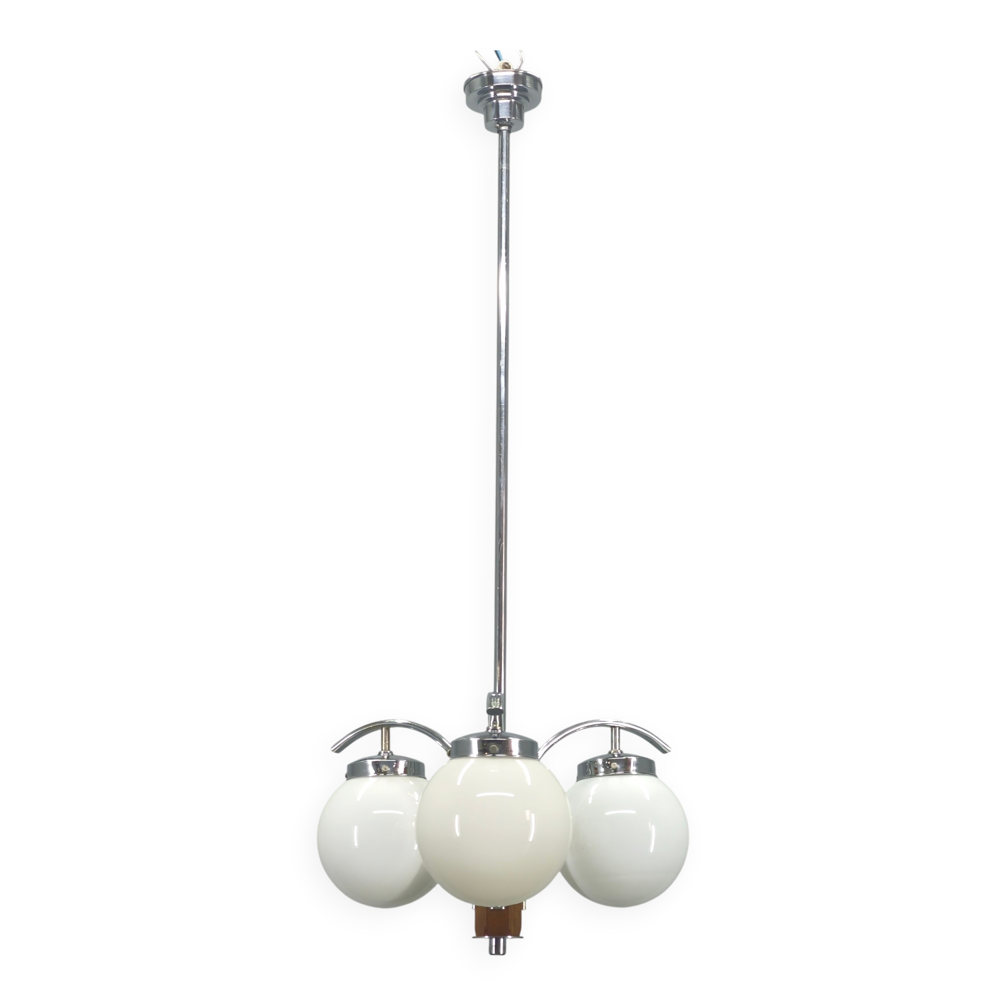 Art Deco Chandelier, Chrome, Walnut & Glass, 1930s