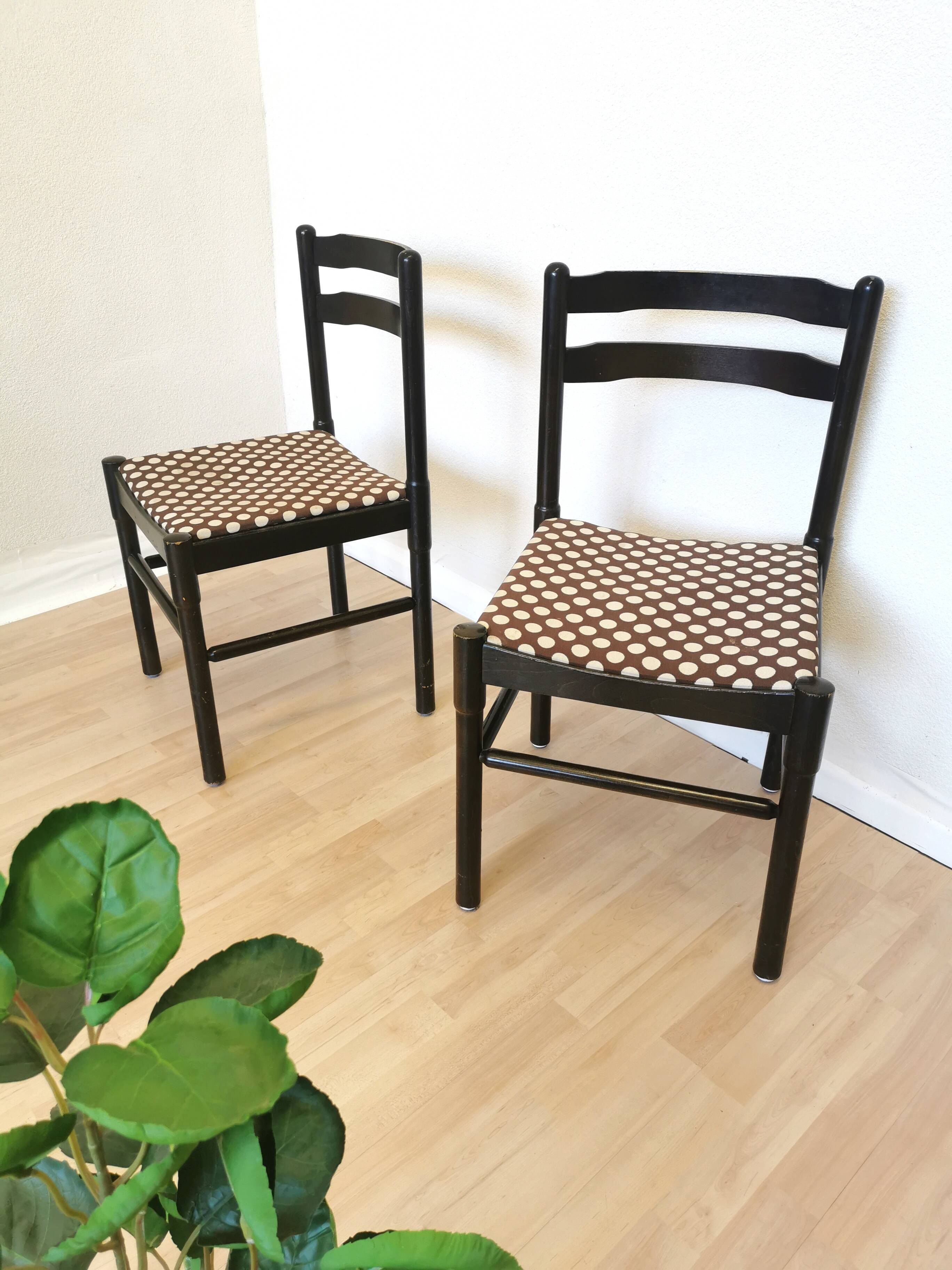 Set of 2 Vintage Wooden Dining Chairs: Brown & White Polka Dot Fabric 80s