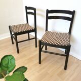 Set of 2 Vintage Wooden Dining Chairs: Brown & White Polka Dot Fabric 80s