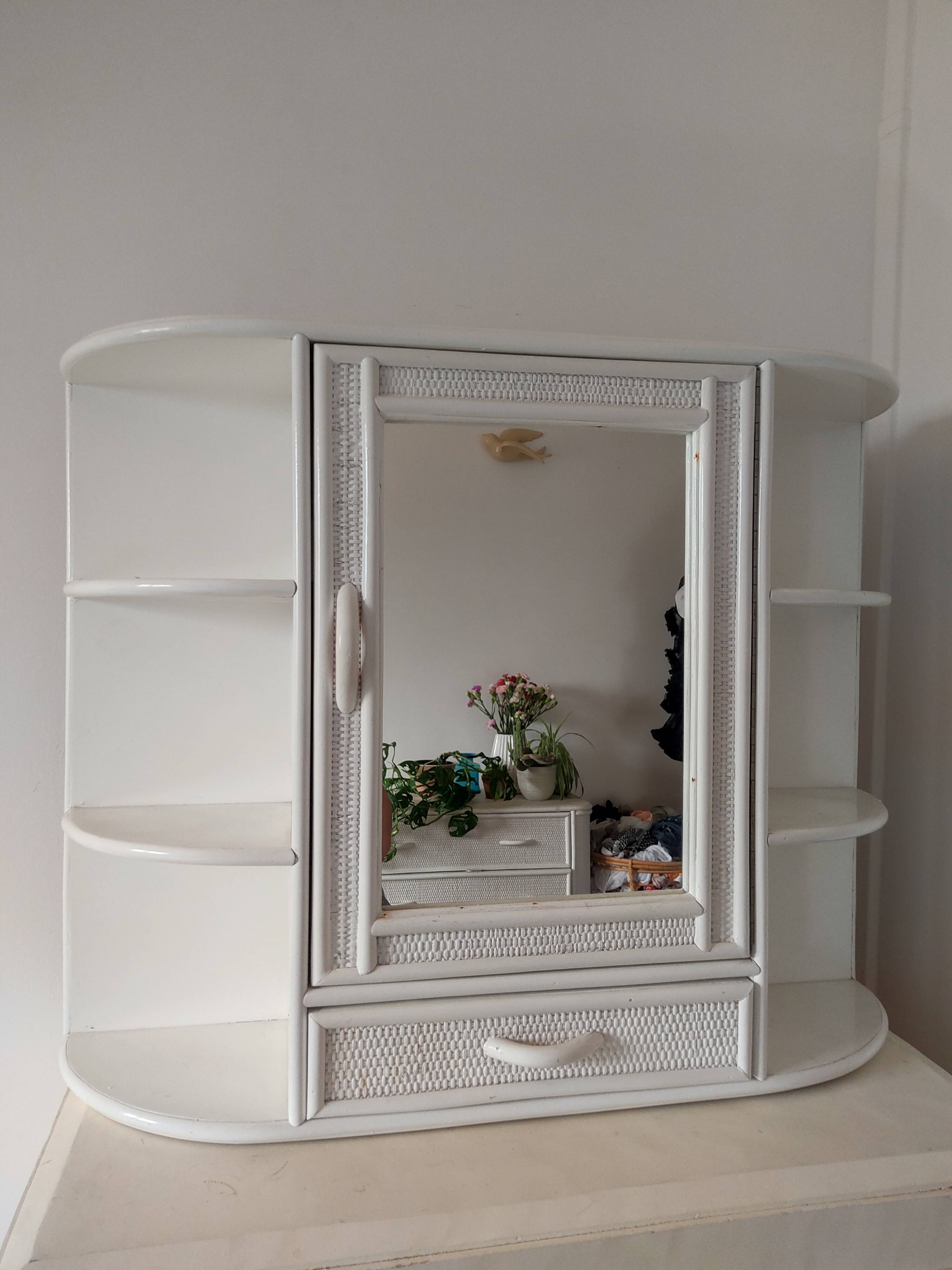 Vintage wooden and wicker shelf