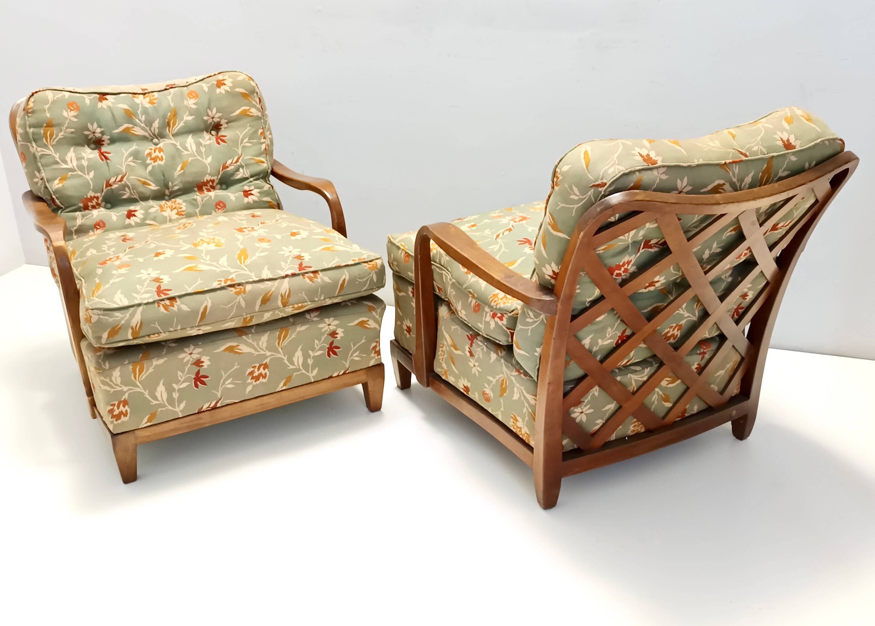 Pair of Olive Green Fabric Armchairs by Paolo Buffa with Walnut Frame