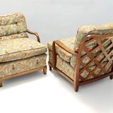 Paire de fauteuils en tissu vert olive de Paolo Buffa avec structure en noyer