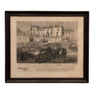 Engraving by René Pinard L'Ermitage in Nantes numbered natural wood frame